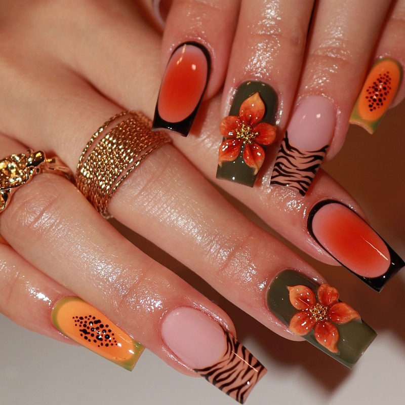 Nail Art Orange - 24 stuks tropische medium vierkante kunstnagels,