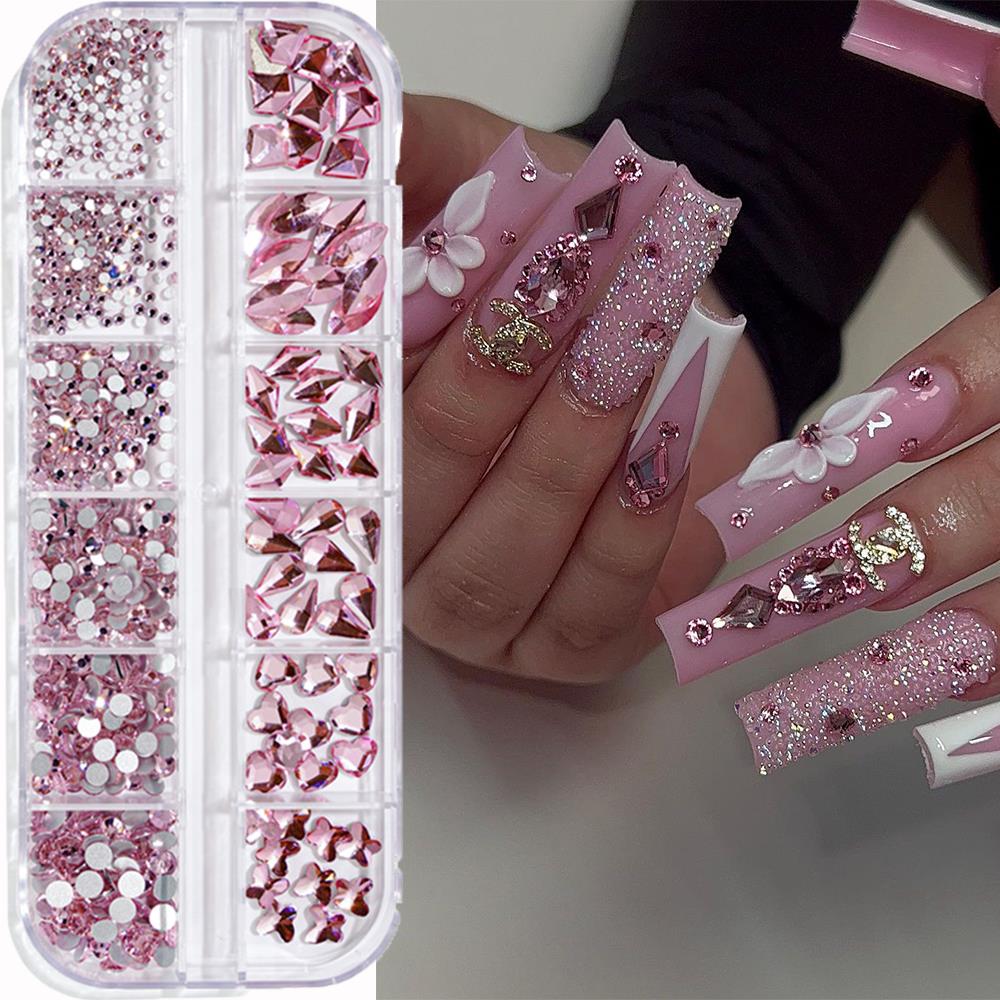 Nail Art Valentines Day - 12 Grids 3D Roze Nagelkunst Strass
